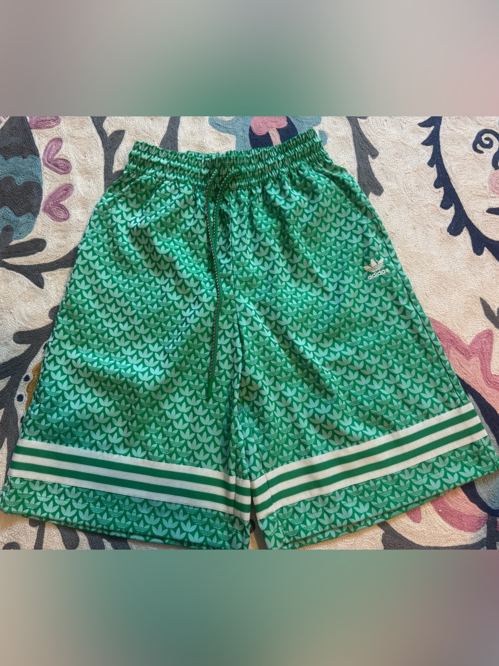 adidas Green Printed Shorts with White Stripe Trim